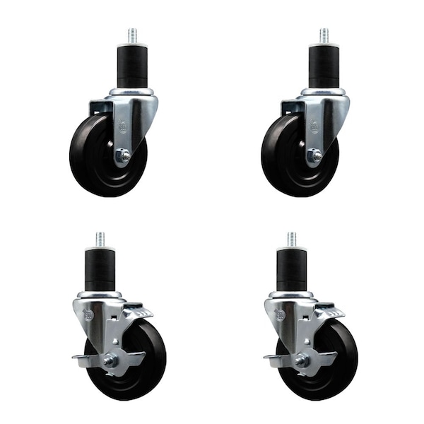 4'' Hard Rubber Wheel Swivel 1-3/4'' Expand Stem Caster Set 2 Brakes, 4PK